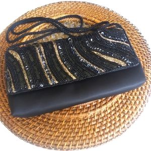 Black Beaded Evening Bag with Gold Accents